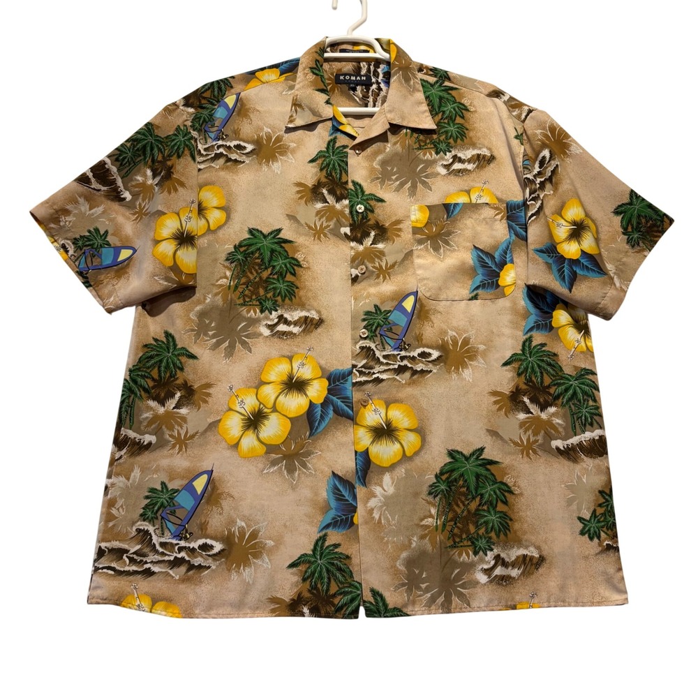 Koman Sport Mens XL Aloha Hawaiian Shirt Palm Tree Hibiscus Surfboard‎ Print